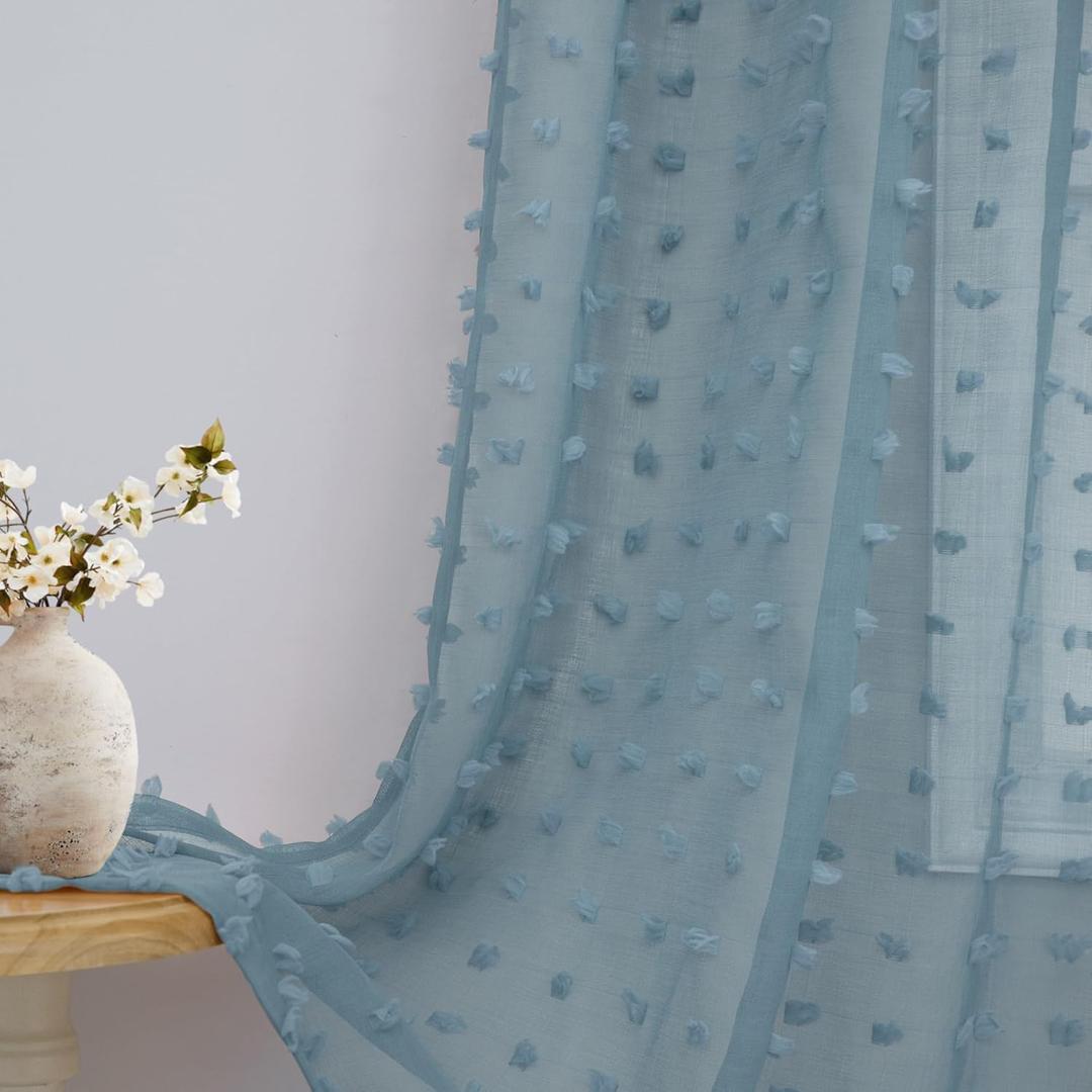 DANCURTON Sheer Blue Curtains 96 Inches Long for Living Room 2 Panels Back Tab Rod Pocket Pom Pom Tufted Boho Farmhouse Semi Sheer Window Curtain for Childrens Bedroom Nursery Dusty Stone Blue 52x96