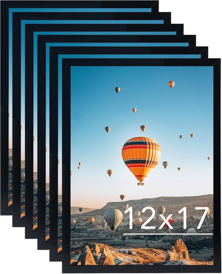 12x17 Black Picture Frame Set of 6, Horizontal and Vertical Formats for Wall Hanging, 12 x 17 Wall Gallery Poster Photo Frames with Durable Shatter Resistant Plexiglass, 6 Pack, Black