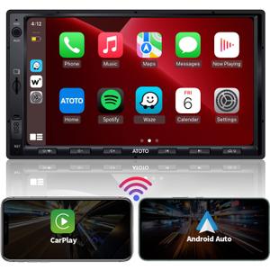 ATOTO F7 WE 7inch Double DIN Car Stereo, Wireless CarPlay & Wireless Android Auto, Touchscreen Car Radio with Bluetooth, Mirror Link, HD LRV, Quick Charge, FM/ AM, GPS Navi, Voice Control, F7G2A7WE
