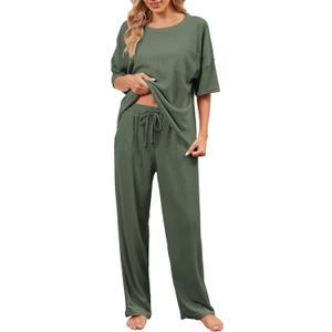 JiniGolla Womens Pajama Sets Waffle Knit Short Sleeve Shirt with Long Pajama Pants Soft Sleepwear Pj Lounge Sets (Small, Green)