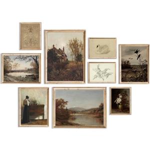 uniro Vintage Wall Art Decor Prints Farmhouse Wall Decor Vintage Fall Autumn Canvas Wall Art Prints Nature Landscape Lakes Swan Botanical Flower Women Painting Poster Rustic Cottagecore Decor Retro (Retro 01 - 9pcs)