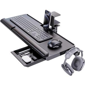 Klearlook Keyboard Tray Under Desk with 360° Rotation, Ergonomic Computer Keyboard & Mouse Tray 25"W×11.02"D Sit Stand Desk Keyboard Holder w/Wrist Rest & Storage Drawer (Height is not Adjustable)
