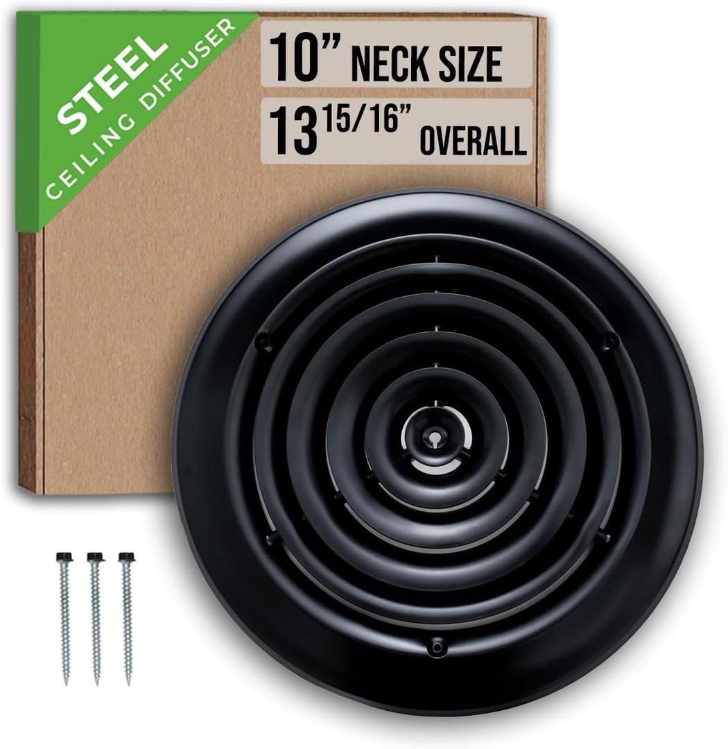 Fits 10 Inch Neck Air Duct | Steel Round Air Supply Diffuser for Ceiling by Handua | Round Diffuser Vent Cover | Black | Outer Dimension: 13-15/16"
