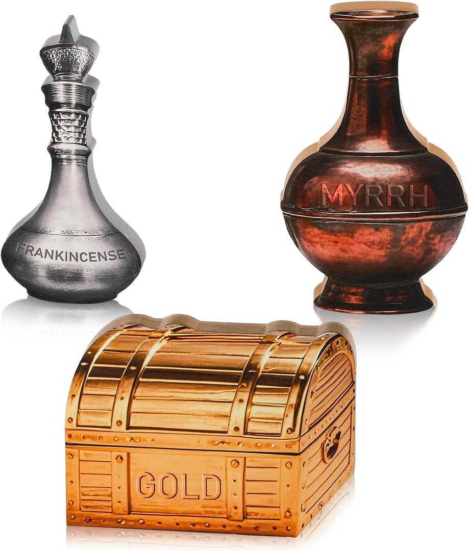 Leinuosen 3 Pcs Wooden Wisemen Gifts Set Flat Gold Frankincense and Myrrh Christmas Stage Props Decoration Nativity Costume Pageant Props Christmas Apparel Accessories(Classic)