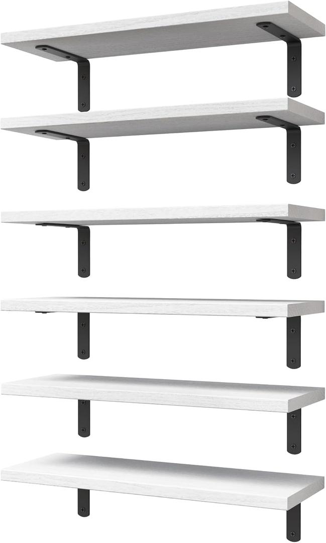 WOPITUES White Floating Shelves Set of 6,Wood for Bedroom,Modern Wall Decor,Bathroom Storage,Book Living Room[Upgraded]-White (HM011A) (16.5 Inch)