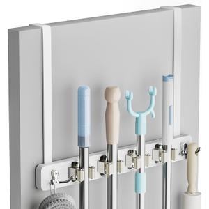 Lorbro Broom Holder Door Mount, Over the Door Broom and Mop Holder with 2 Over Door Hooks, Wood Broom Hanger, Tool Rack Organizer for Laundry, Garage, Closet, Kitchen Decor, 4 Slots & 4 Hooks Rustic (White)