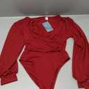 GORGLITTER Women's Sexy Ruched Deep V Neck Long Sleeve Bodysuit Plunging Neckline Leotard Shirts (Red S)