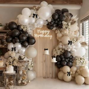 Black White Balloon Arch, Double Stuffed Pearl White Black Bow Balloon Garland Cream Ivory Sand Latex Balloons for Birthday Wedding Bridal Shower Engagement New Year Party Decorations