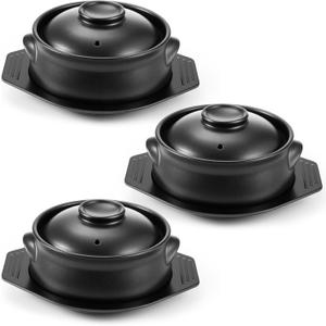 3 Pcs Korean Stone Pot Clay Cooking Pot Set Ceramic Sizzling Hot Bowl Korean Bibimbap Soup Dolsot Bowl with Lids for Ttukbaegi and Koreans Stew (38 oz)