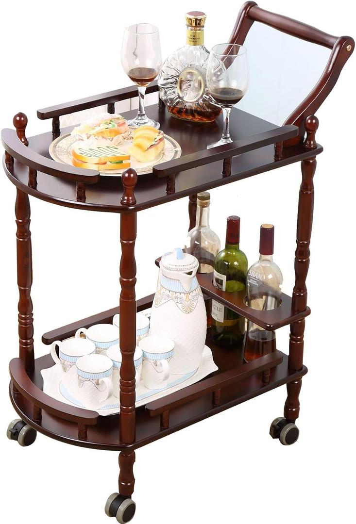 Bar Cart, Home Bar Service Cart with Wheels, 2-Layer Wine Mobile Trolley, Solid Wood Storage Rack with Bottle Rack, Mobile Food Cart Suitable for Home, Bar, Beauty Shop (Brown)
