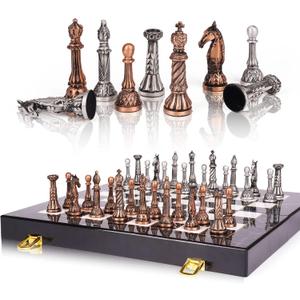 Retro Metal Chess Set for Adults and Kids  Marbling Chess Board with Chess Pieces  Travel Chess Set with Metal Pieces  Folding Chessboard  Ideal for Beginners and Professional Players