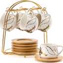 LUKA Ceramic Espresso Cups with Saucers and Metal Stand, Small 4 oz Porcelain Demitasse Cups Set of 6, Cute Cappuccino Coffee Cups for Double Espresso, Tea, Marbling White