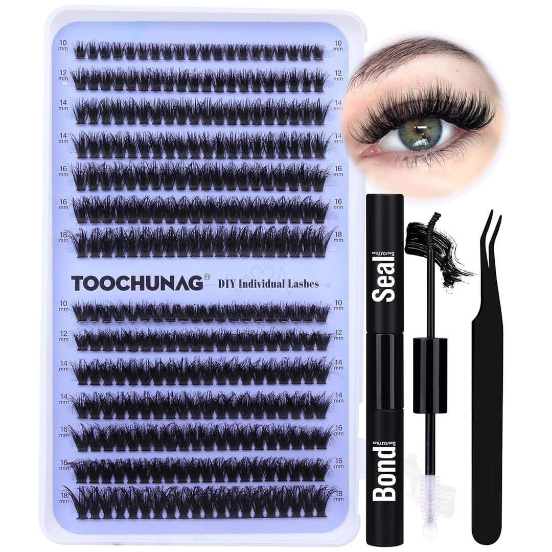 Lash Extension Kit Fluffy Eyelash Extension Kit 60D+80D Thick Lash Clusters Kit with Lash Bond and Seal Wispy Individual Eyelashes Cluster with Lashes Tweezers by TOOCHUNAG(280Pcs,10-18mm)