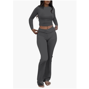 AYWA Women's 2 Piece Outfits Foldover Flare Pants Long Sleeve Crew Neck T-shirt Fitted Pajama Sets S