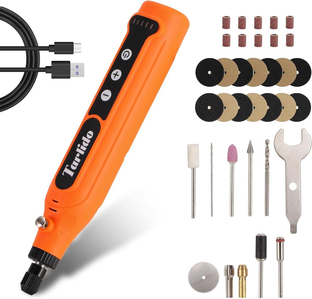 Cordless Rotary Tool, 5-Speed Rotary Tool Kit, Continuous Use While Charging, Permanent Speed Memory, 2.0Ah Capacity, 18000RPM, 31 Accessories for Craft and DIY, Orange