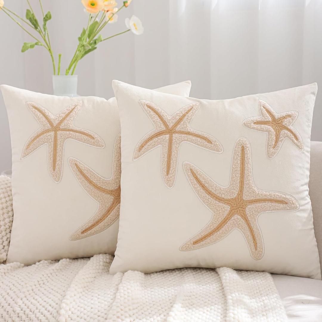Tosleo Coastal Pillow Covers 18x18 Pack of 2 Beach Sea Stars Embroidered Throw Pillow Covers Beige Velvet Pillow Cushion Cases Farmhouse Decor Ocean Themed Cushion Covers for Spring Summer