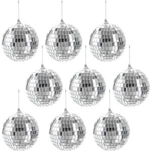 Suwimut 9 Pack Mirror Disco Ball, 4 Inch Small Mirror Ball Ornaments Silver Hanging Disco Balls with Attached String for Reflect Light, Party Favor, Home Bands Decorations, Stage Props, Christmas