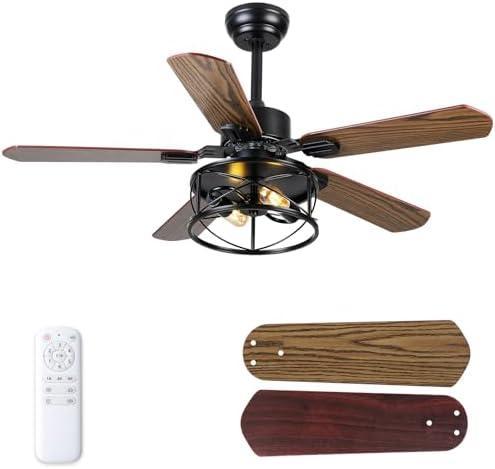 Dannilong Farmhouse Ceiling Fan with Light and Remote 42" Rustic Flush Mount Ceiling Fans 5 Dual Finish Blades Carnegie Industrial Fandelier for Living room Bedroom Patio E26
