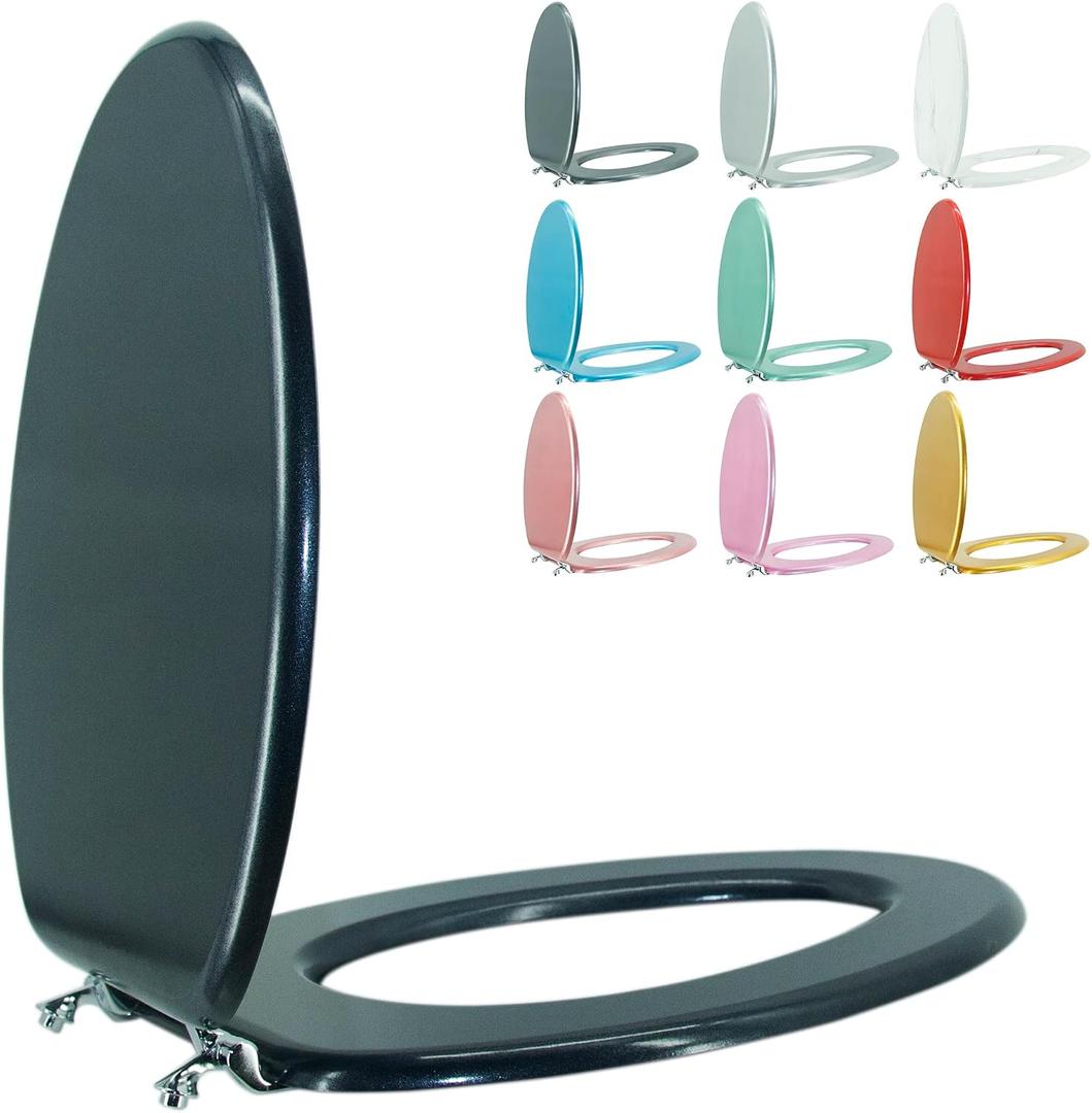 Elongated Toilet Seat Wood Toilet Seat Prevent Shifting with Zinc Alloy Hinges American Standard Size Toilet Seat Easy to Install also Easy to Clean(Elongated,Navy Black Blue)
