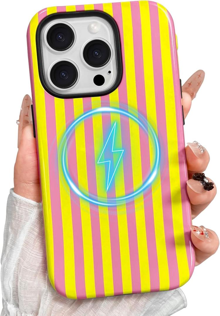 Magnetic for iPhone 13 Pro Max Phone Case, Cute Striped Pattern Aesthetic Gloss Design, Stylish Shockproof Soft TPU and Hard PC 2-in-1 Protective Cover for iPhone 13 Pro Max, Yellow Pink