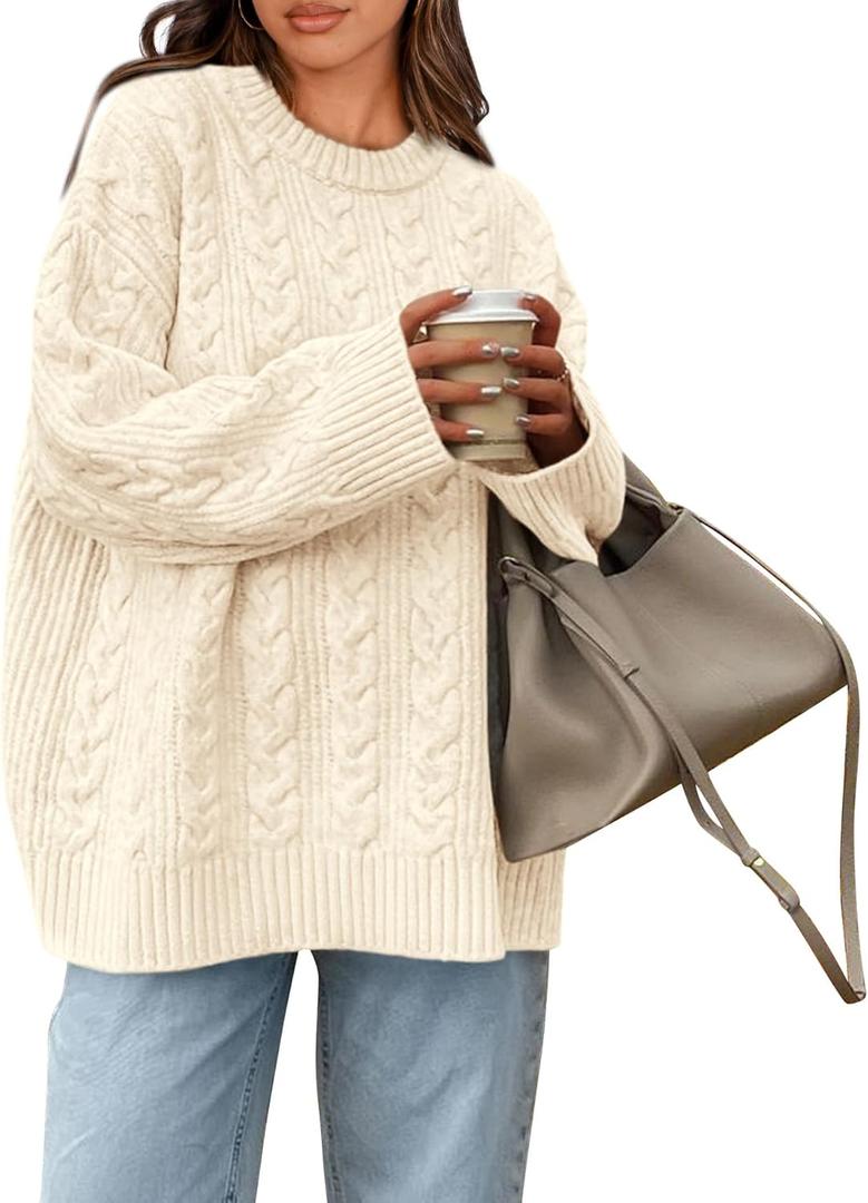 Okiwam Women's Oversized Sweaters Crewneck Cable Knit Pullover Casual Loose Fall Outfits Fashion Clothes 2025 (Medium, Beige White)