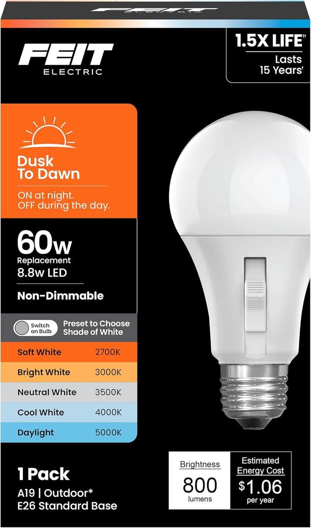 Feit Electric LED Dusk-to-Dawn Light Bulb, A19 60W Equivalent, 5CCT, Non-Dimmable, E26 Medium Base, 90 CRI, 800 Lumens, Adjustable White, 13 Years Lifetime, OM60/5CCTCA/DD/LEDI