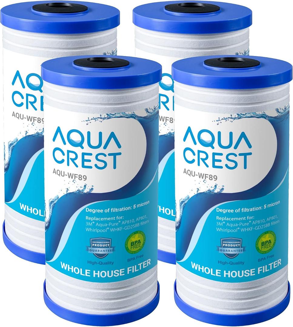 AQUA CREST AP810 Whole House Water Filter Replacement for 3M Aqua-Pure AP810, AP801, AP811, Whirlpool WHKF-GD25BB, WHKF-DWHBB, 5 Micron, 10" x 4.5", Well & Tap Water Filter, Pack of 4