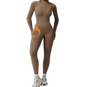 AEEZO Womens Fleece Lined Workout Jumpsuits Zip Up Thermal Yoga Rompers Sexy One Piece Bodycon Pants, M