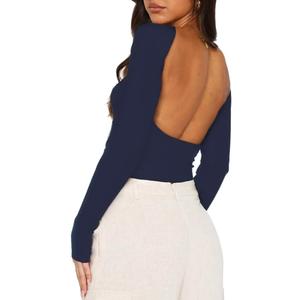 ForeFair Women Sexy Backless Short Sleeve Slim Fit Crewneck Summer Casual Y2K Crop Tee (A Navy Blue)