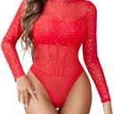 Avidlove Women Mesh Bodysuit Lingerie Mock Neck Long Sleeve Sheer Rhinestone Going Out Top Red Medium
