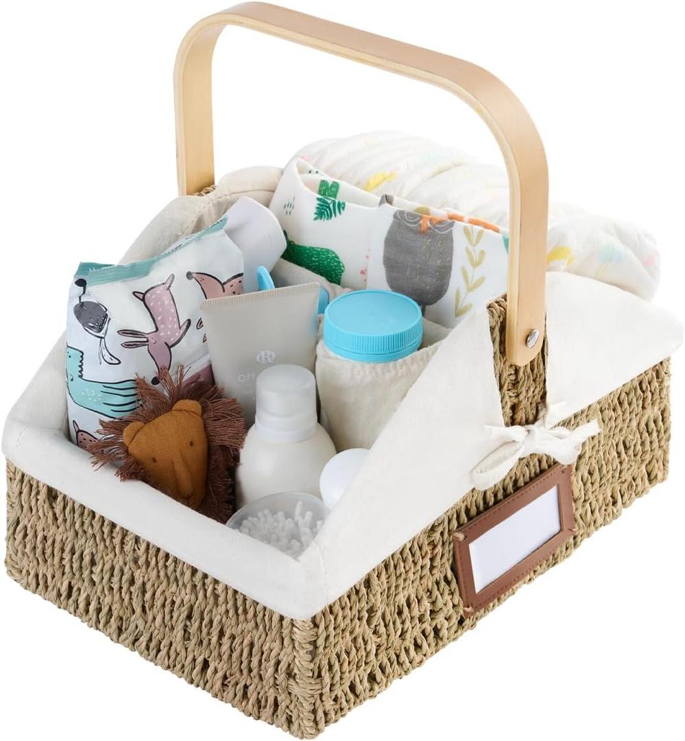 StorageWorks Wicker Diaper Caddy Organizer, Baby Diaper Caddy Basket with Liner, Handwoven Diaper Caddy for Car, Seagrass Baby Toy Basket with Handles, 1 Pack
