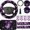 16 Pcs Butterfly Theme Car Accessories Purple Steering Wheel Cover Air Fresheners Vent Clips Seat Belt Pads Cup Holders Armrest Cushion Keyring Bracelet Sheets for Car SUV Interior Decor