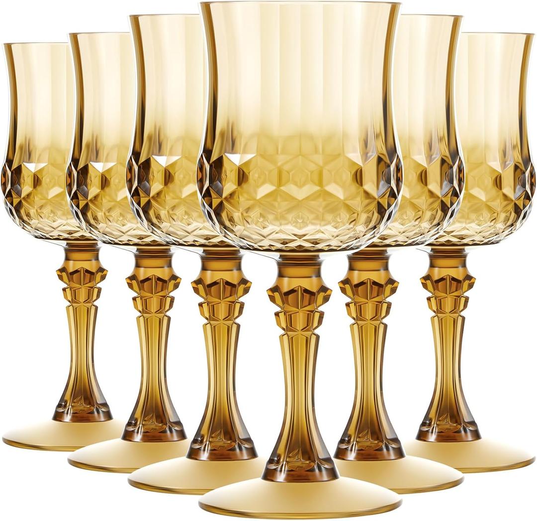 Pinkunn 6 Pcs 7 oz Plastic Vintage Wine Glasses Reusable Colored Goblets Patterned Drinking Water Glasses Cup Dishwasher Safe for Mother's Day Wedding Reception Party Supplies (Gold)