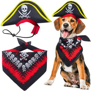 2 Pieces Skull Print Pet Pirate Hat with Pirate Skull Bandana Dog Cat Captain Cap Halloween Pirate Cosplay Costume Halloween Party Hat Dress Up Costume Accessories (C)