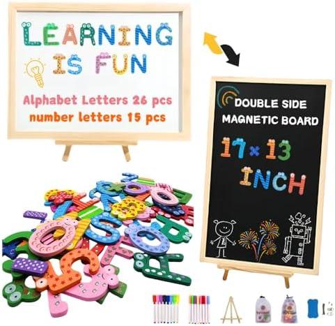 Byvood Double-Sided Magnetic Chalkboard and Whiteboard- Includes Wooden Magnetic Alphabet&Number Letters Kit- Spelling and Learning Toys for Preschool Kids&Toddlers&Children
