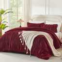 Ruched Burgundy Oversized Queen Size Comforter Sets, 3 Pieces | Shabby Chic Ruffle Bedding Set, Boho Pleatd Comforter for Girls, Kids, Women, Lightweight Soft Bed Set , All Season