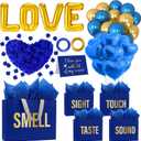 1052Pcs 5 Senses Valentine's Day Gift Bags For Him Her with Labels Five Senses Birthday Party Decorations with Tissue Paper Rose Petals Love Balloons for Husband Boyfriend Anniversary Decor(Blue Gold)
