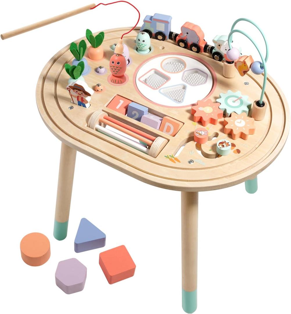 Dmitoora® 10 in 1 Montessori Toys for 1 Year Old Activity Table | wooden Montessori table, sensory toy, baby activity center, train track, fishing game, shape sorter, boys girls gift