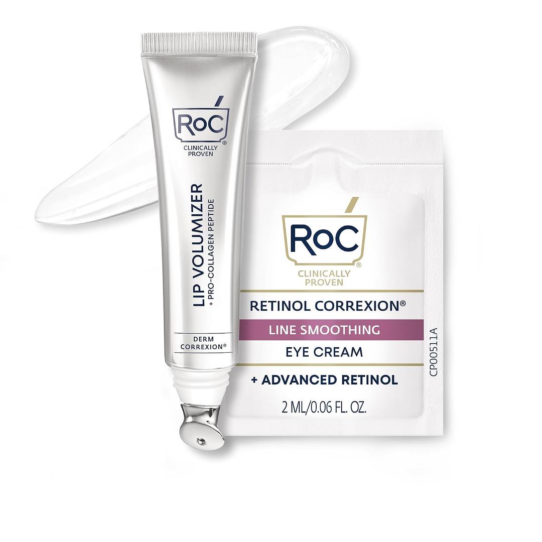 RoC Derm Correxion Lip Volumizer - Lip Plumper Peptide Treatment with Hyaluronic Acid & Vitamin E + Line Smoothing Eye Cream Packette