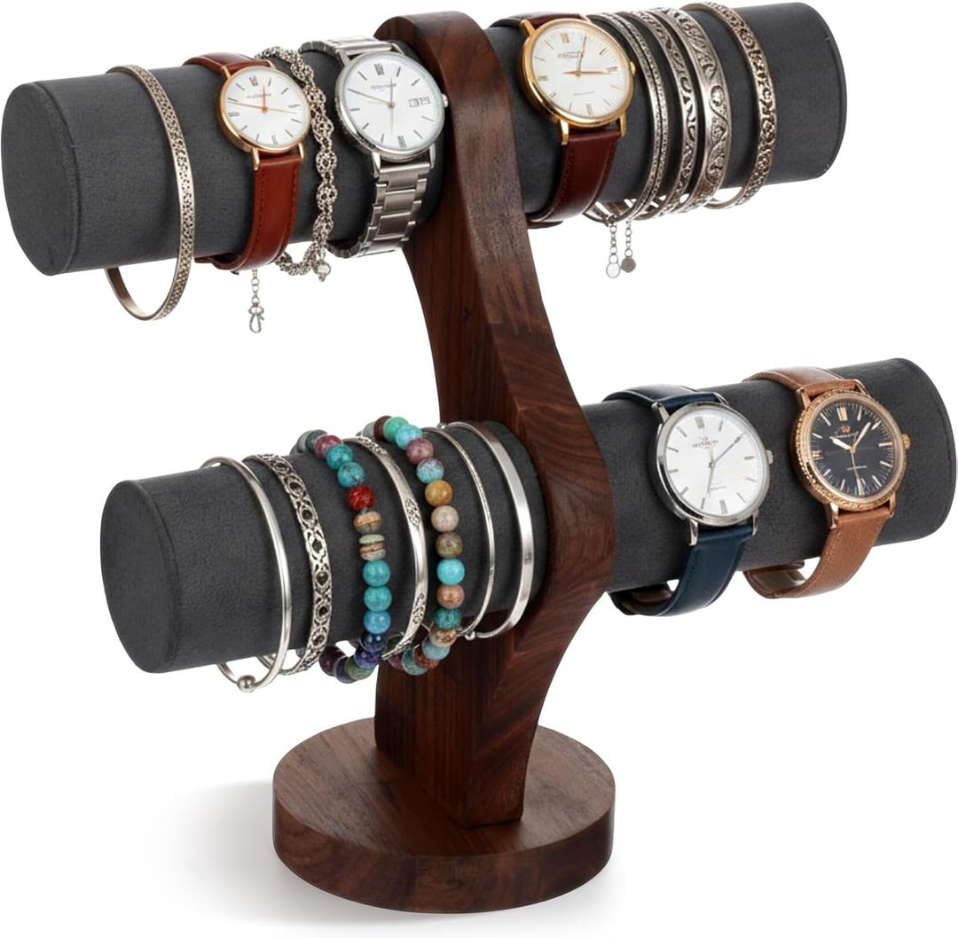 2 Tier Walnut Bracelet Holder Display Wooden Watch Stand Organizer T Bar Rack Storage Tower for Selling Retail (Gray)