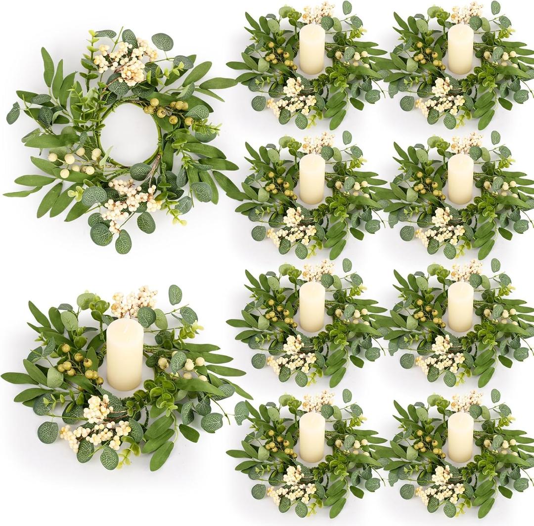 8 Pcs Green Eucalyptus Candle Rings Wreaths Spring Summer Kitchen Cabinet Wreaths Mini Green Berry Leaves Candle Wreath for Pillars Farmhouse Festival Wedding Celebrations Tabletop Decoration