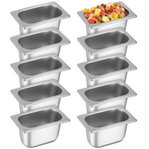 10 Pack Hotel Pans 1/9 Size 4 Inch Stainless Steel Steam Table Pan, Metal Steamer Pan Food Storage Containers Catering Tray for Hotel Restaurant Buffet Party, 6.9 L x 4.3 W x 4 D