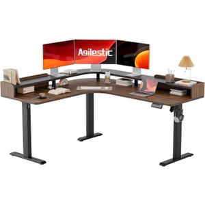 Agilestic L Shaped Standing Desk, Corner Desk with Monitor Shelf, Adjustable Height Gaming Table, Sit Stand Up Table, 63 x 55 Inch Home Office Computer Workstation, Splice Board, Dark Walnut