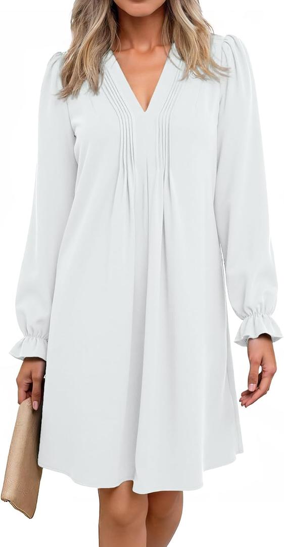Dokotoo Womens Casual Dress A-Line Ruffle Sleeve V Neck Midi Dress 2025 Fashion Pleated Flowy Sundress Loose Shirt Dresses (White, S)