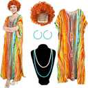 Croloose 5 Pcs Halloween Women Landlady Costume Set with Print Caftan Dress Curly Wig Bead Necklace Earring for Cosplay Party