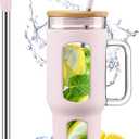 WINSA Glass Tumbler with Lid and Straw, 46 oz Iced Coffee Cup with Handle, Large Water Bottles with Silicone Sleeve, Glass Cup with Straws - Pearl Straw & Drinking Straw BPA Free-CottonPink