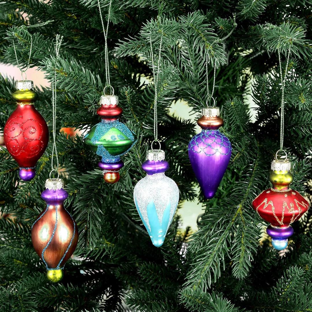 6 Pcs 3.94 Inch Christmas Finials Glass Vintage Ornament Glass Finial Christmas Ornaments Hanging Finials Ornaments for Holiday Xmas Tree Decoration