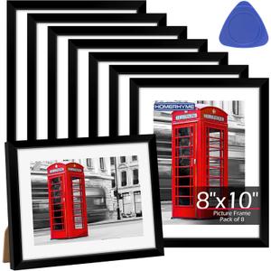 HOMERHYME 8x10 Picture Frame Set of 8, Black Photo Frames for Tabletop or Wall Display, Fits Pictures 5x7 with Mat or 8x10 Without, Frame Collage with HD Plexiglass for Home Wall Decor, with Gadget