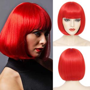 Red Bob Wig With Bangs - Short Red Wigs For Women, Straight Bob Bangs, 10 Inch Heat Resistant Synthetic Hair, Natural Looking For Daily Party Use