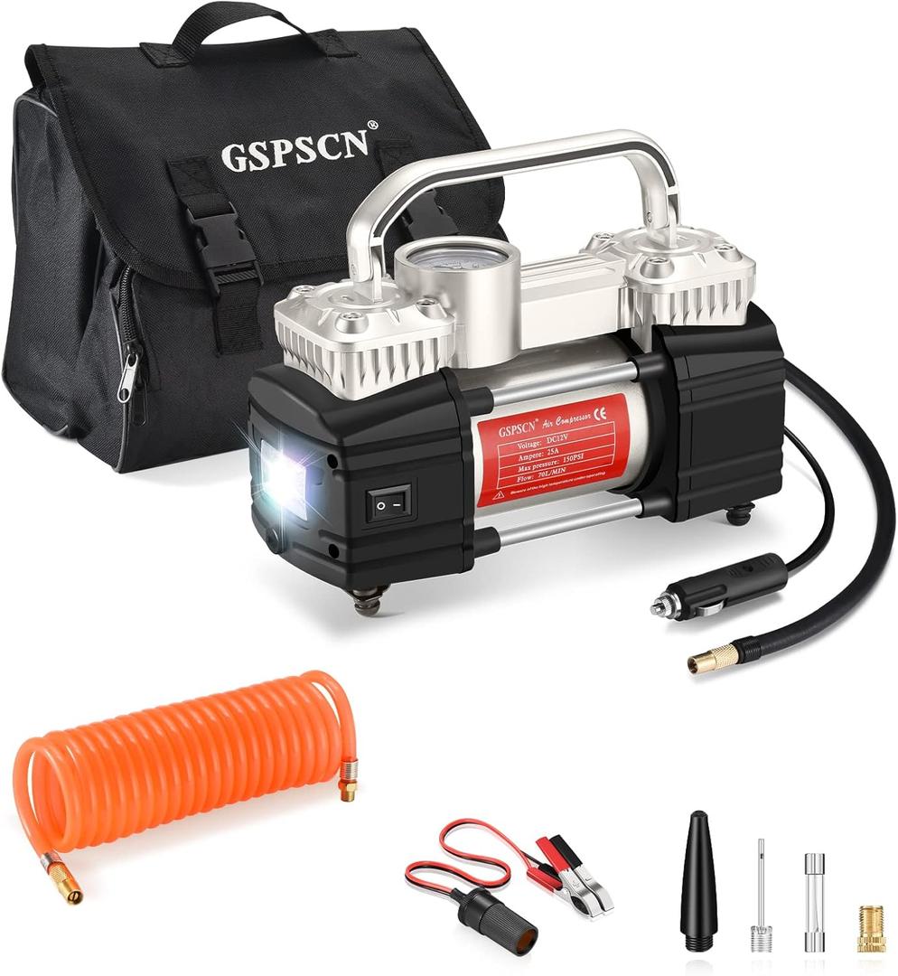 GSPSCN Silver Dual Cylinder 12V Air Compressor Pump for Car, Heavy Duty Portable Tire Inflator 150PSI with LED Work Lights for Auto,Truck,SUV, RV,Balls etc
